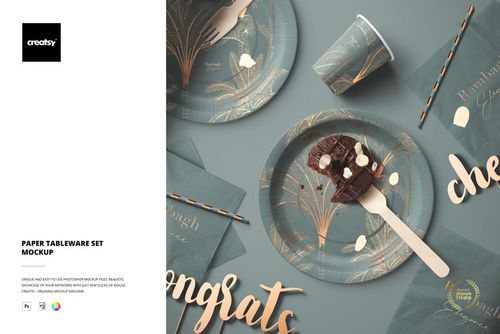 PSD mockup of party supplies including paper plates, cups, napkins, and straws with gold leaf accents, arranged flat lay.
