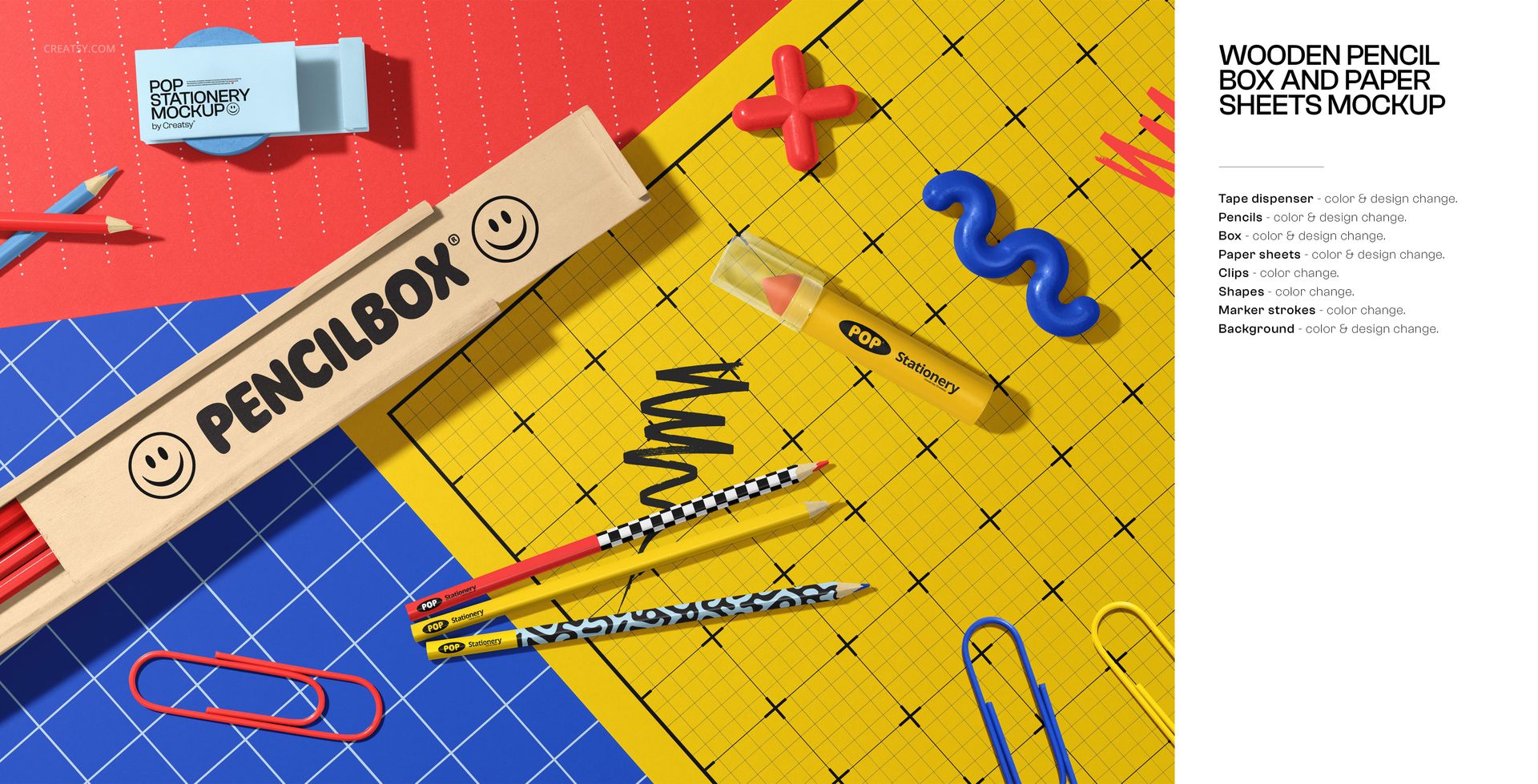 PSD mockup featuring a wooden pencil box, patterned pencils, colorful pens, and various stationery on a vibrant background.
