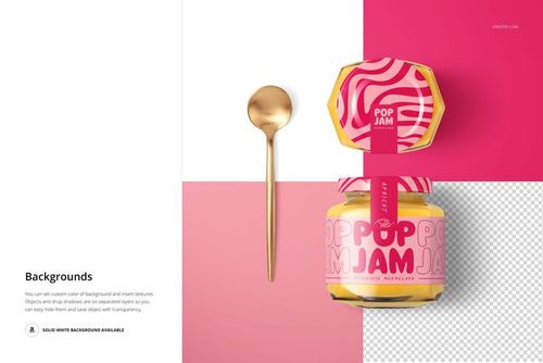 PSD mockup showing a mango jam jar with vibrant pink and yellow design, gold spoon, and split color backdrop.