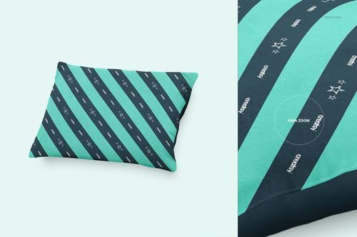 Pet pillow mockup featuring teal and navy diagonal stripes and small star patterns, displayed on a pale surface.