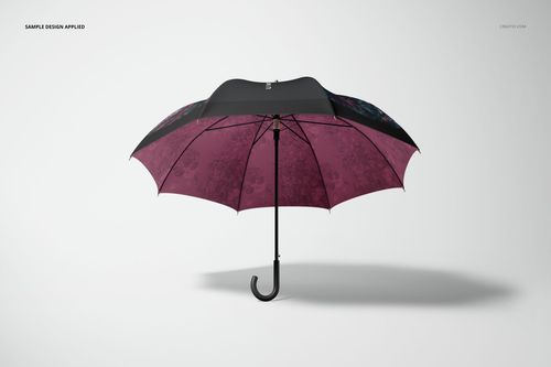 Fashion accessory umbrella mockup showing a black and maroon canopy with faint floral details, displayed on white background.
