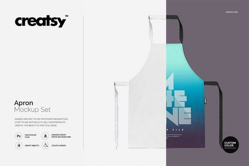 Front view of an apron mockup with one half in solid white and the other half in a blue to purple gradient design.