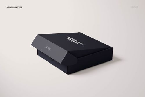 Rectangular mailing box mockup in dark color, shown from a front angle with lid partially open on a light background.