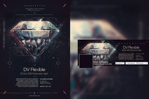 Diamond-themed party poster mockup with abstract geometric shapes, cosmic background, and editable text elements.