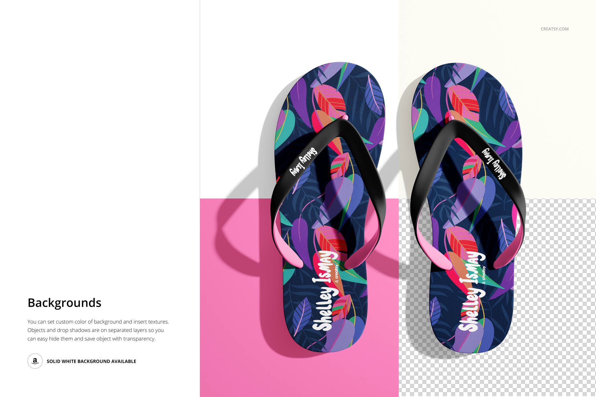 Flip flops mockup with black straps and bold, graphic leaf patterns, displayed on a divided pink and checkered base.