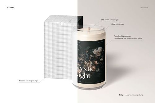 Front view of a can glass candle mockup with a floral label, cream wax, and editable background on a split scene.