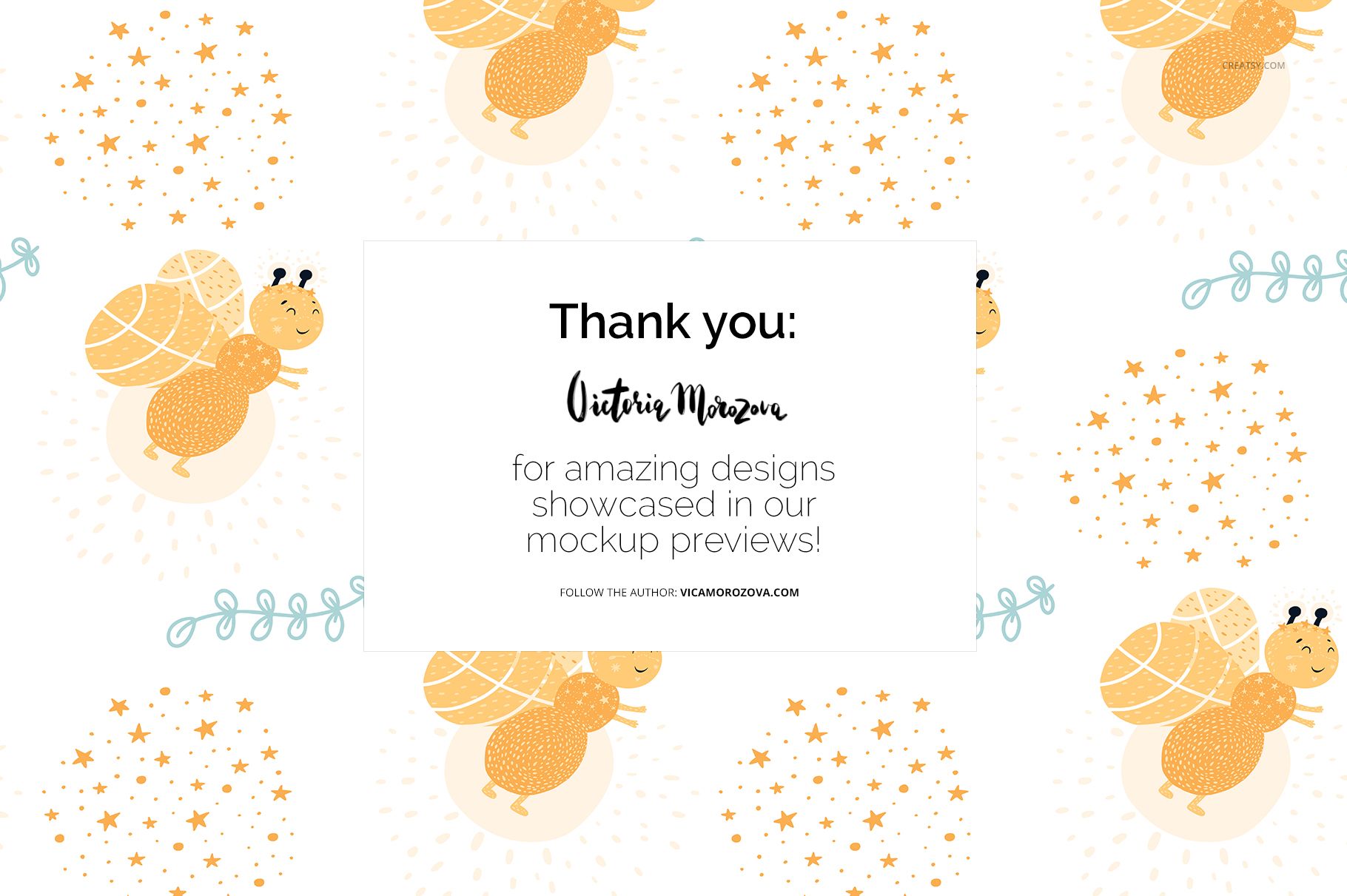 Front view of a cardboard baby book mockup with a white cover, featuring orange bee illustrations and star patterns.