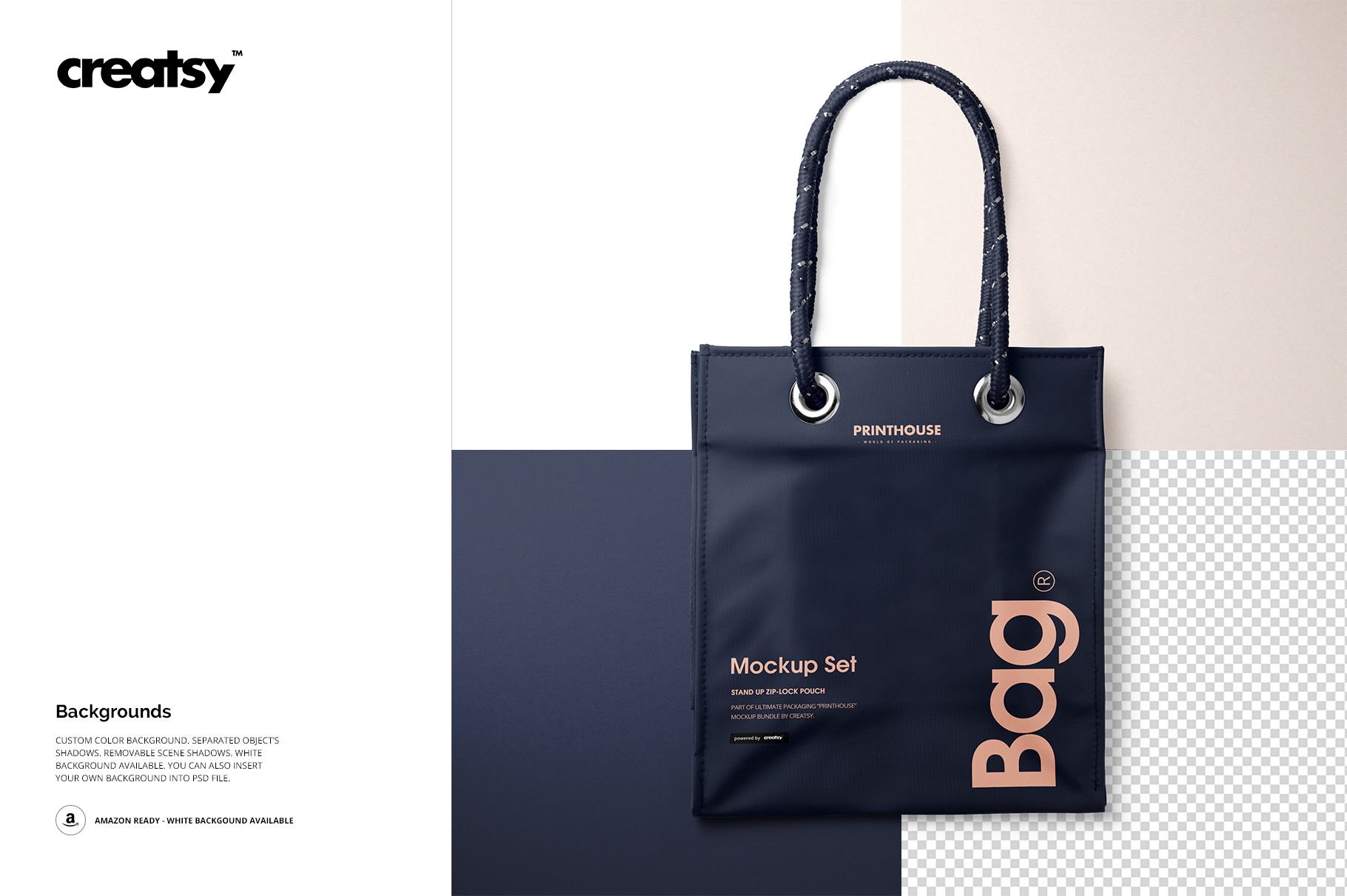Front view of a matte PVC reusable tote bag with dark handles, displayed on a split background in a PSD mockup.