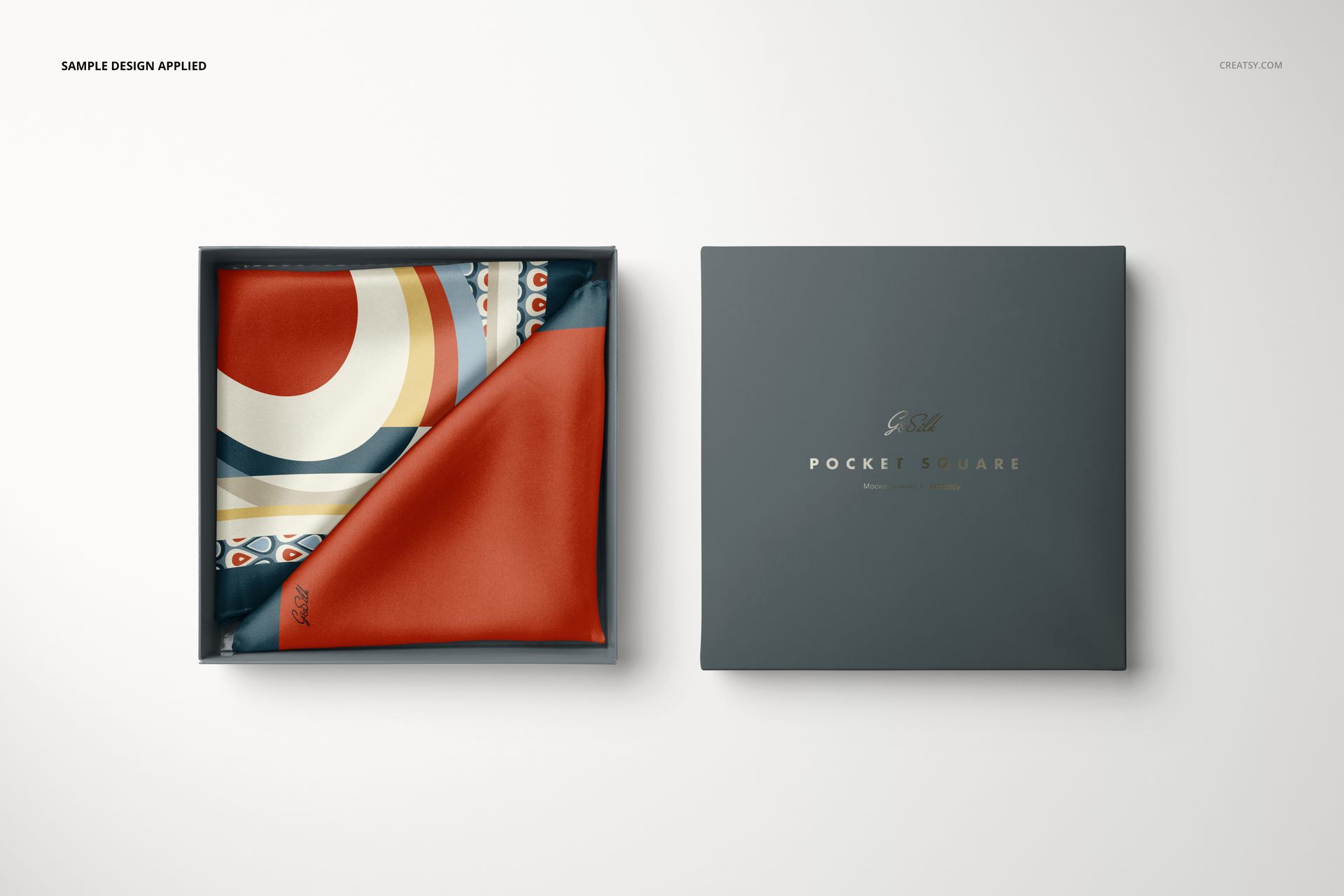 Top view of a pocket square mockup featuring abstract shapes in orange and blue, presented in a square box.