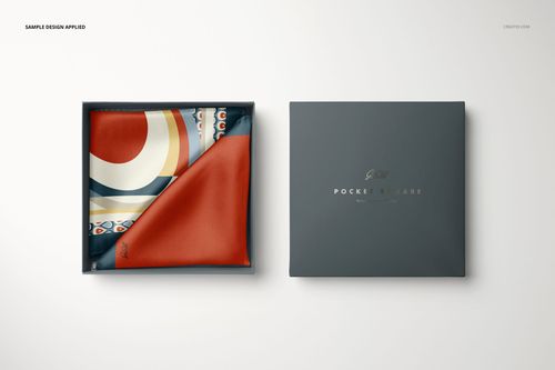 Top view of a pocket square mockup featuring abstract shapes in orange and blue, presented in a square box.