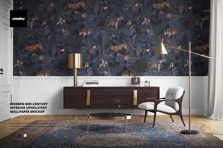 Modern Mid-century Interior Upholstery Wallpaper Mockup - mockup screenshot 1