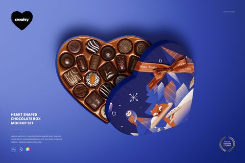 Heart-shaped chocolate box mockup with assorted chocolates inside, shown on a blue background with decorative lid.