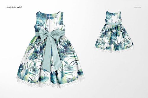Front view of a kids dress mockup featuring a sleeveless design with tropical leaf patterns and a large bow accent.