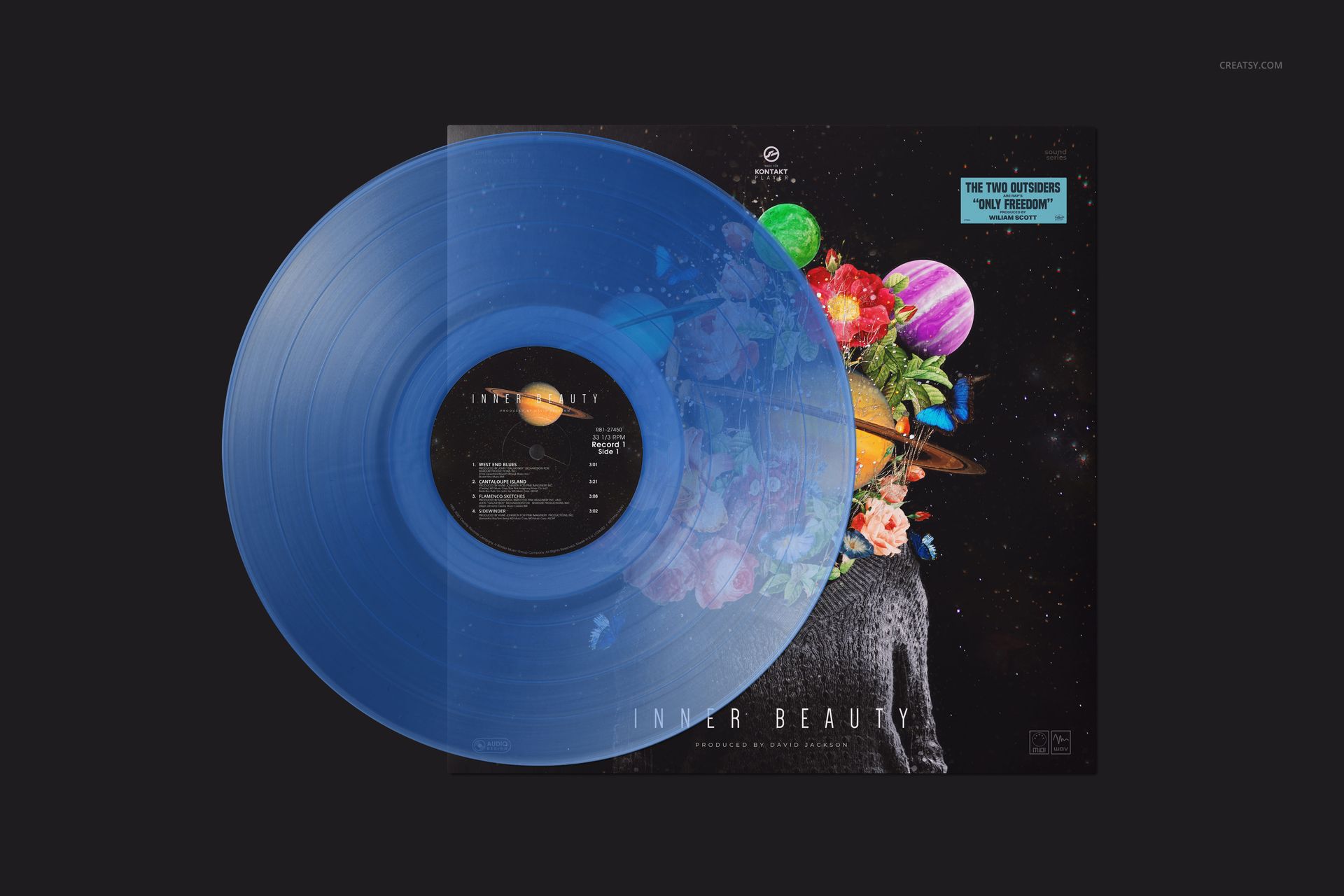 PSD mockup showing a blue transparent vinyl record over an album artwork with vibrant cosmic and floral elements.