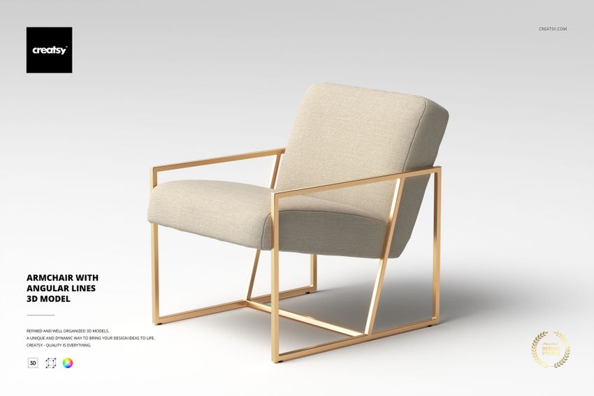 Modern armchair with angular gold metal frame and light beige cushioned seat, shown from a front angle on a plain background.