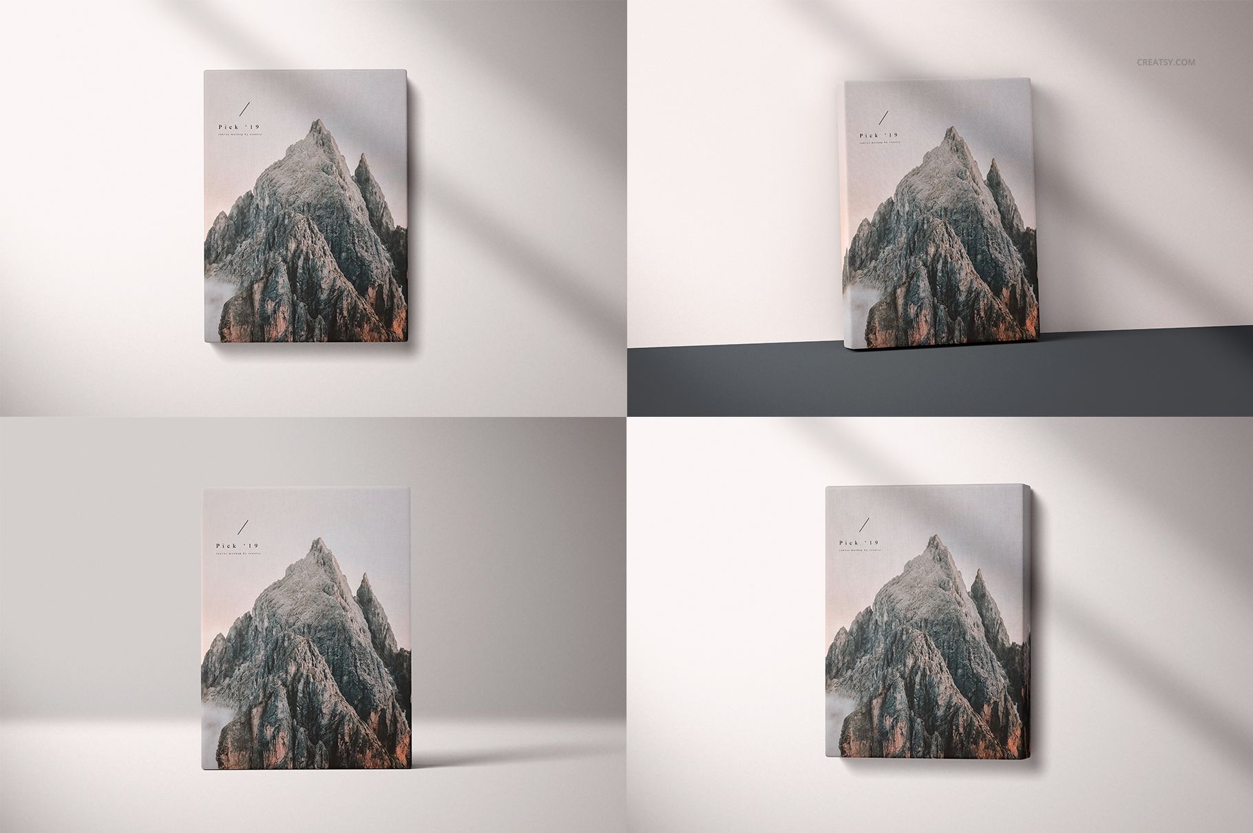 Set of four canvas print mockups featuring a mountain design, displayed in angled and front views against a light background.