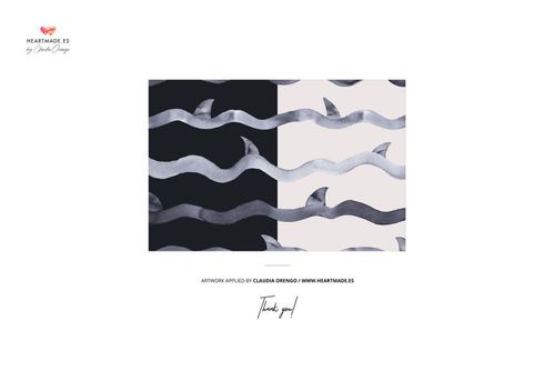 Wavy pattern with shark fins, shown on contrasting backgrounds, suitable for baby swimsuit mockup or PSD mockup.