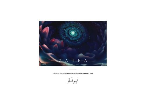 Front view of a vinyl record cover mockup featuring an abstract, colorful spiral design with deep blue and purple tones.