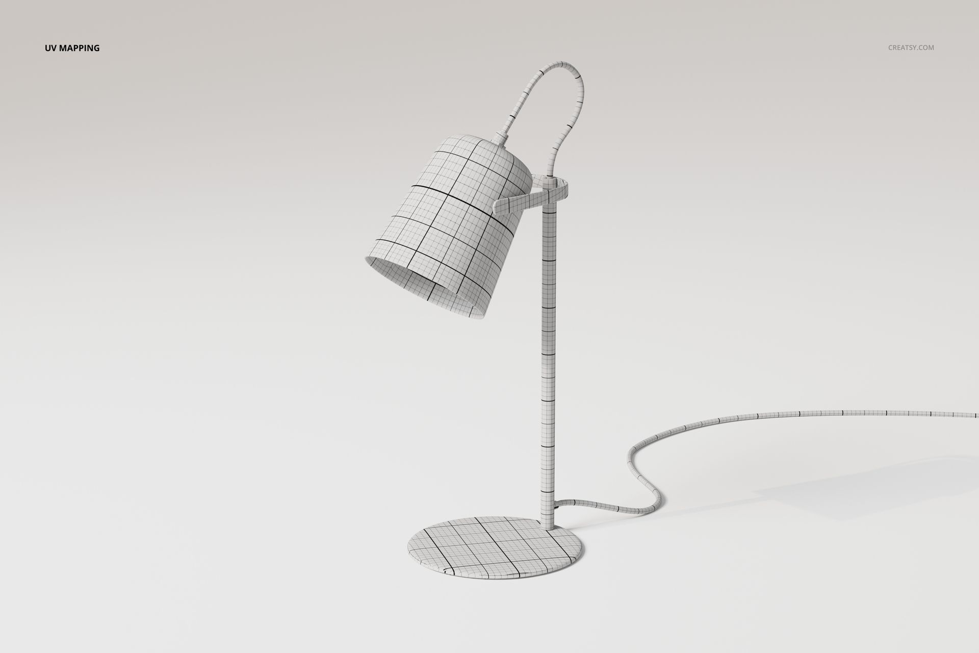 Minimalist desk lamp 3D model with grid texture, shown from a side view on a plain white background.