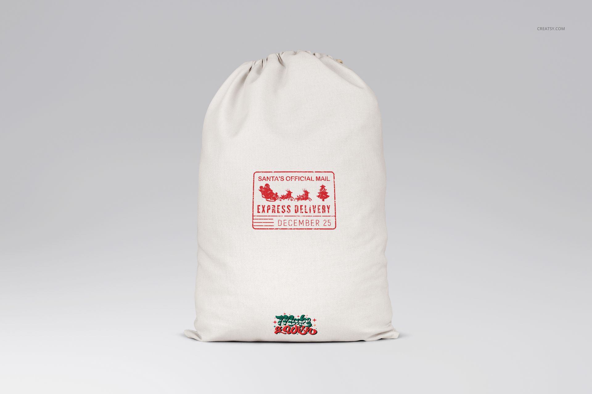 White Christmas drawstring sack mockup featuring red lettering and holiday motifs, displayed against a neutral backdrop.