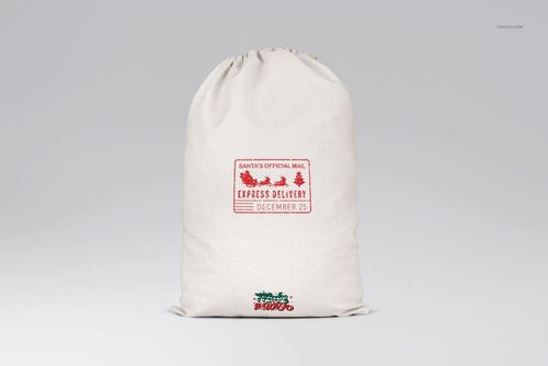 White Christmas drawstring sack mockup featuring red lettering and holiday motifs, displayed against a neutral backdrop.