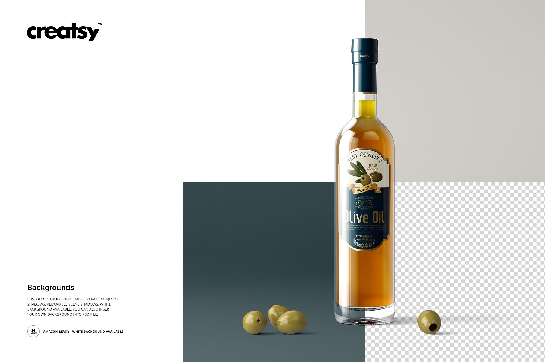 Olive oil bottle mockup displayed upright, featuring transparent glass, a dark top, and scattered green olives.