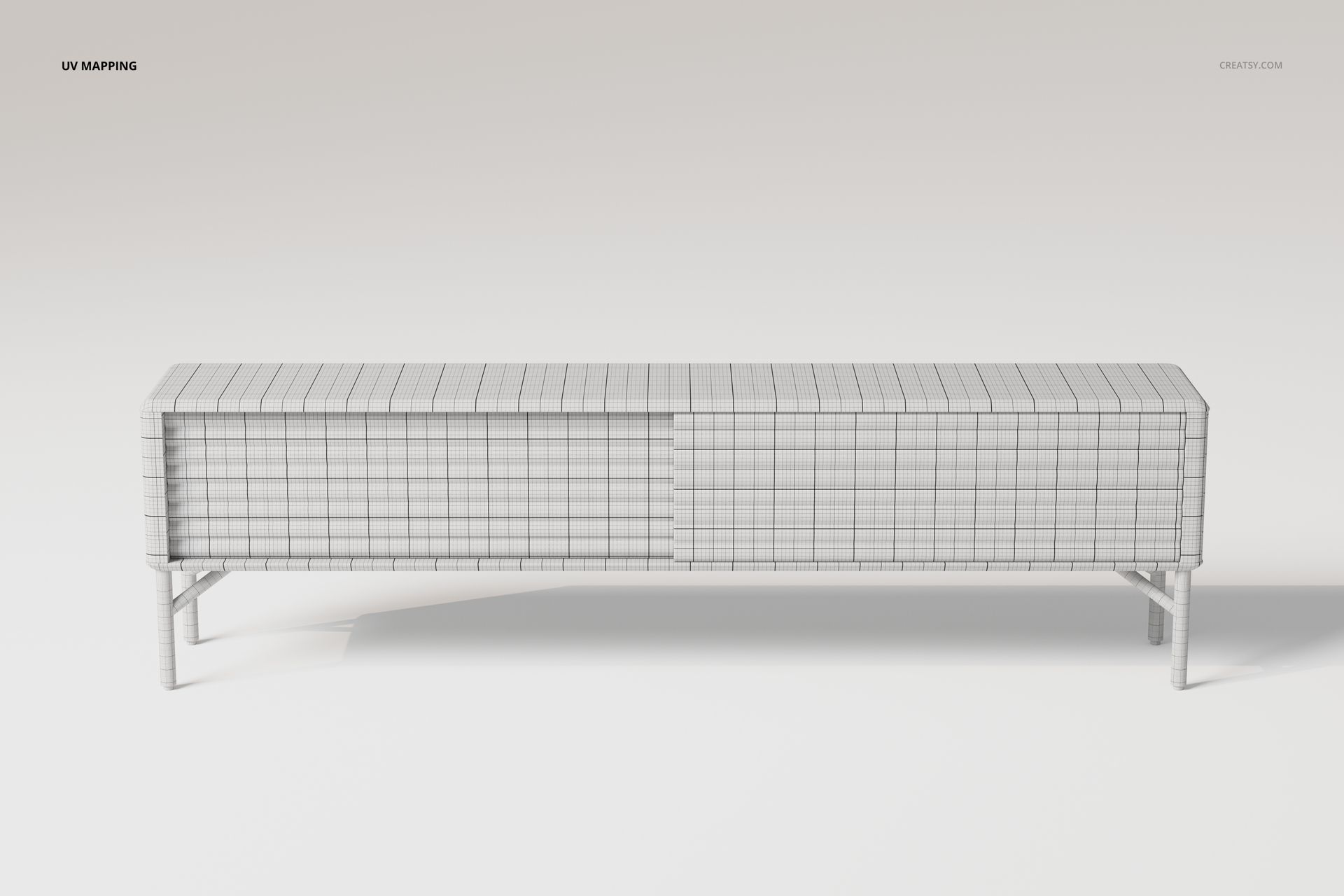Scandinavian style sideboard 3D model shown from the front, featuring a rectangular shape and grid texture.