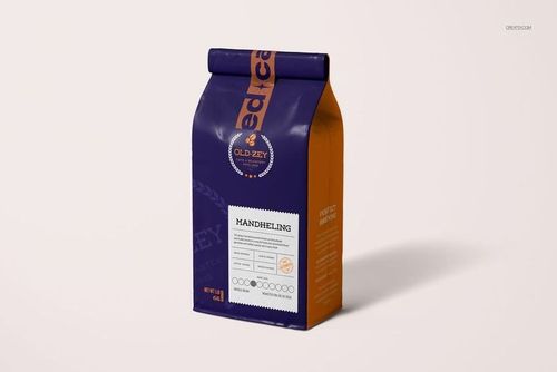 Front view of a sealed rectangular coffee bag with a semi-transparent narrow duct tape mockup across the top.