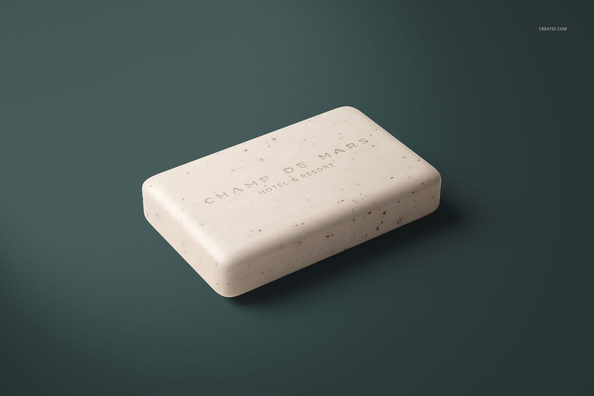 Single rectangular hand soap bar with light beige color and speckled pattern, shown in a hotel supplies PSD mockup.