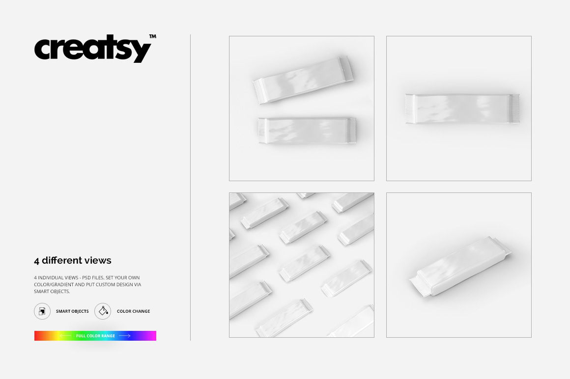 Set of rectangular bar package mockups in white, shown in four different perspectives on a plain background.