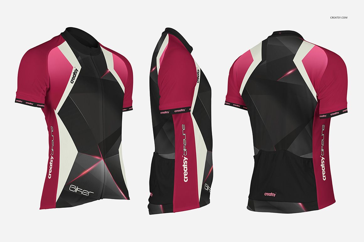Bike jersey mockup featuring three views of a short-sleeve cycling shirt with geometric black, red, and white panels.