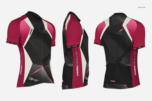 Bike jersey mockup featuring three views of a short-sleeve cycling shirt with geometric black, red, and white panels.