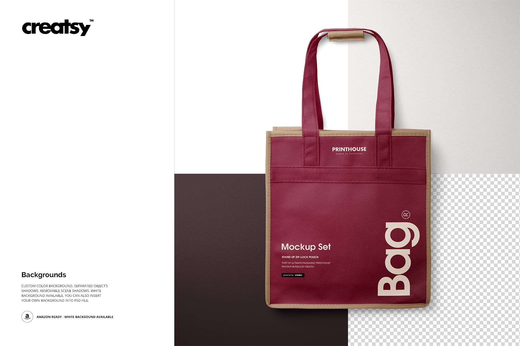 Six-bottle non-woven wine tote bag mockup in burgundy with beige accents, displayed upright with handles extended.