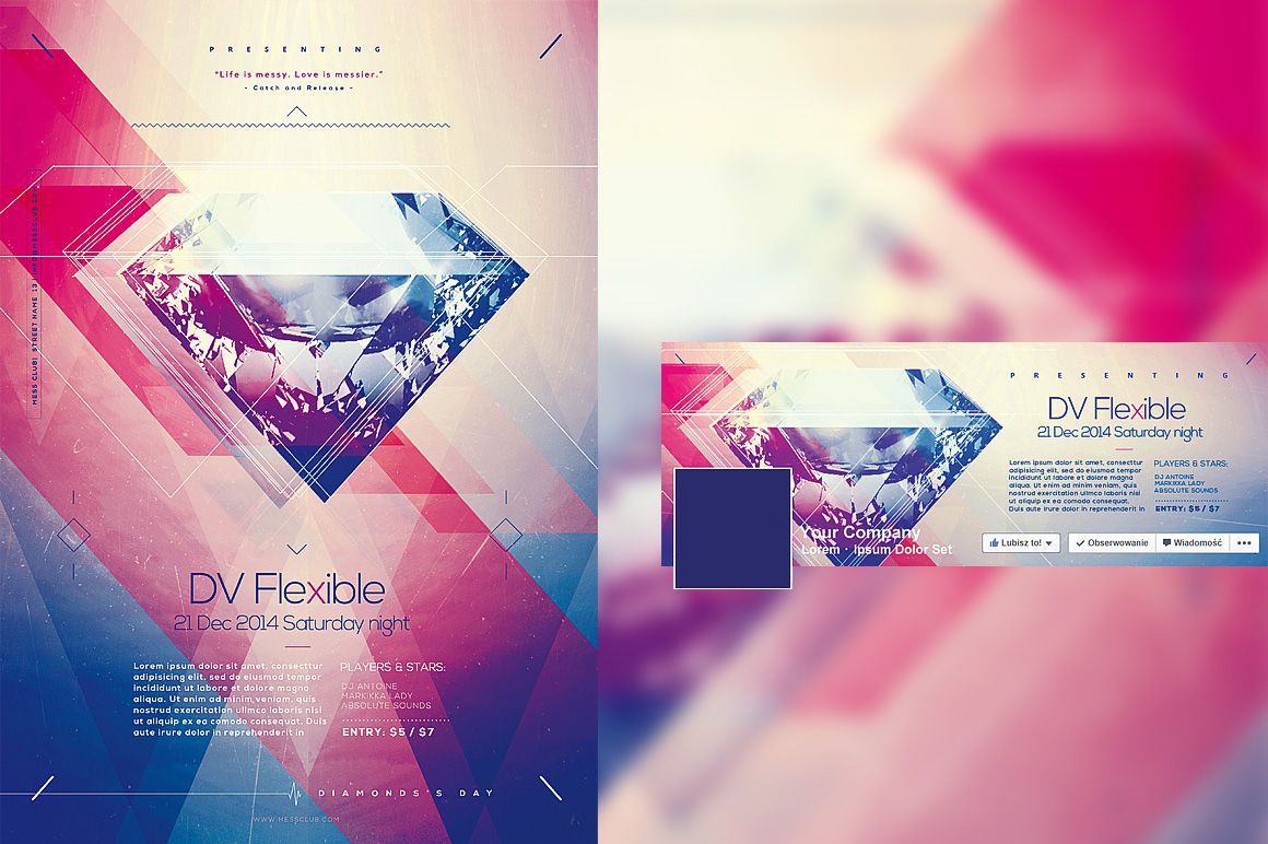 Diamond-themed poster mockup and Facebook cover with abstract color gradients and editable text elements.