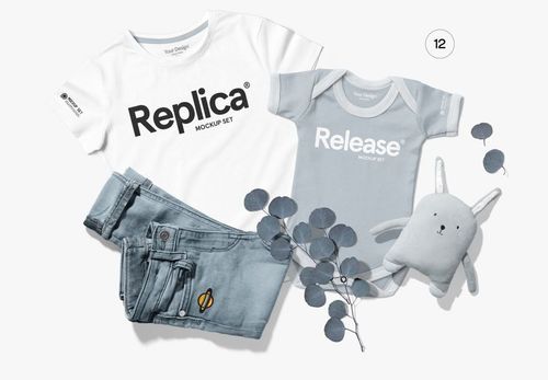 Flat lay of a Bella Canvas 3001 family apparel mockup with adult t-shirt, baby bodysuit, jeans, and soft toy on white background.