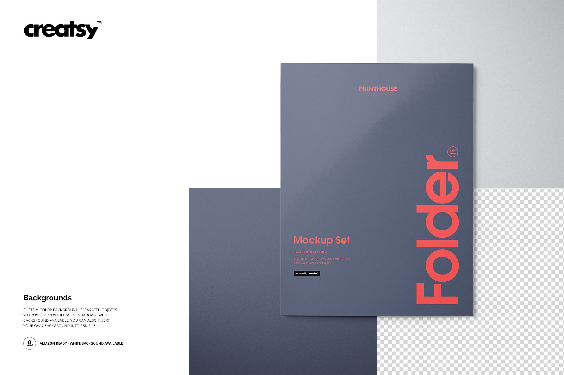 Front view of a two-pocket folder mockup with a dark gray cover and bold red text, placed on a geometric background.