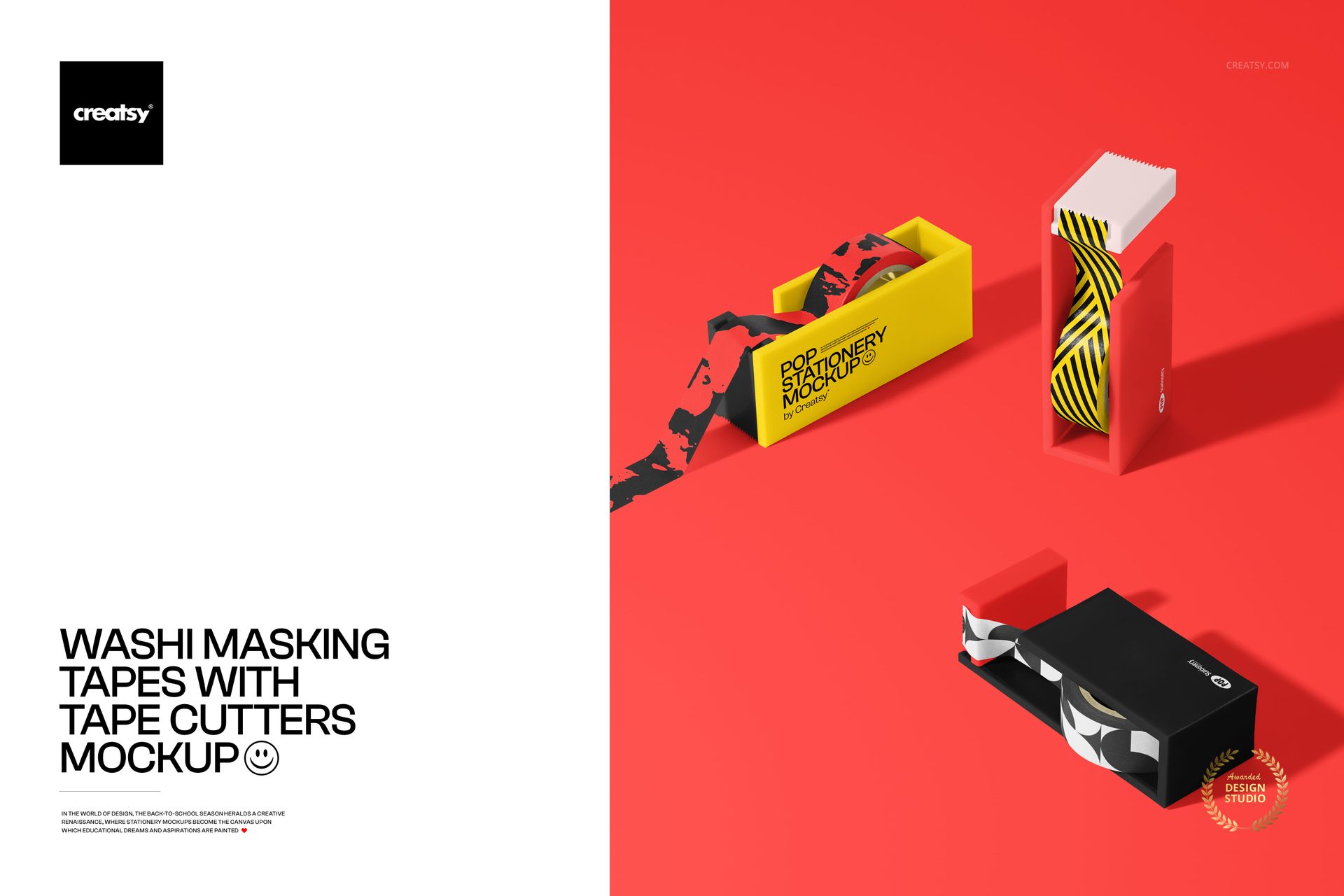 Washi masking tapes with tape cutters mockup showing colorful tape dispensers arranged on a bright red background.