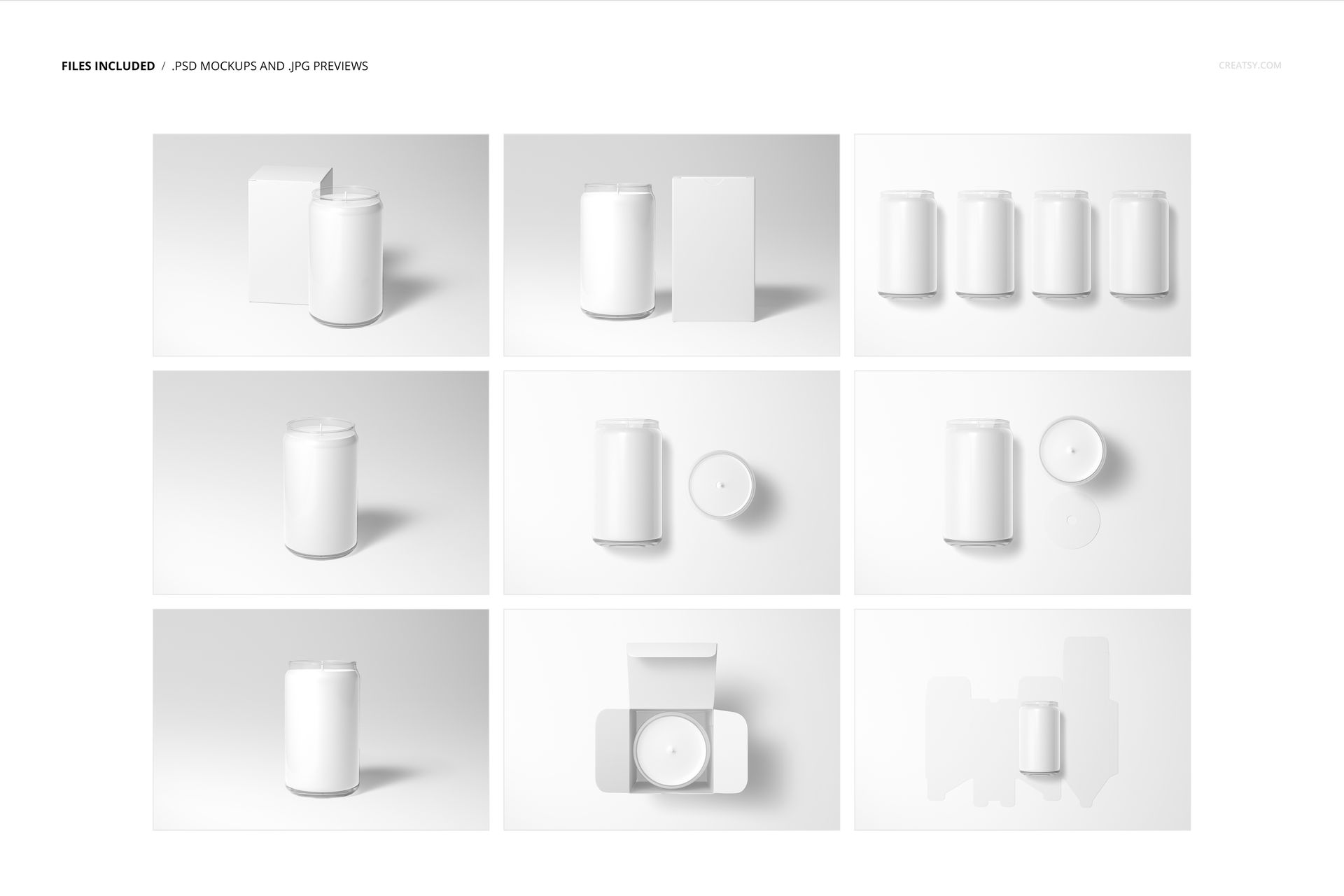 Set of nine can glass candle mockups displayed in various angles, including front, top, and group views on a white background.