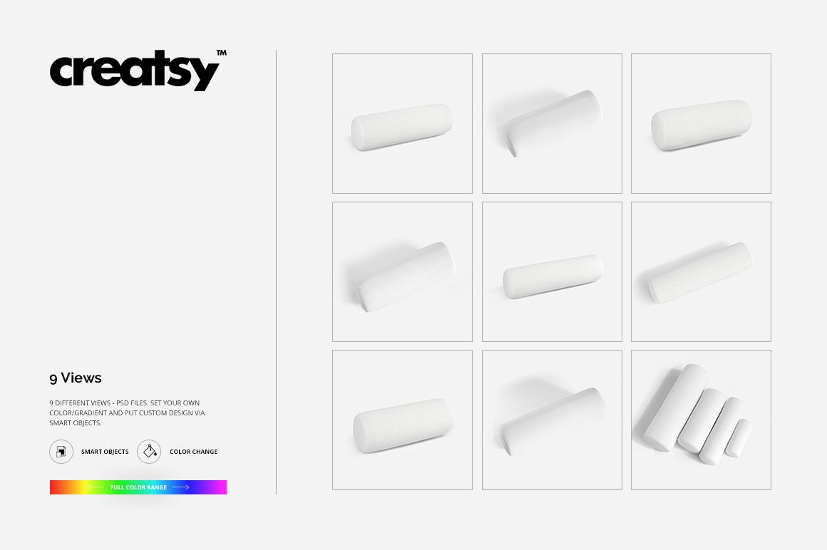 Set of white bolster pillows in various sizes displayed from different angles on a plain background, mockup template.