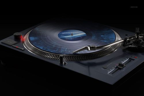PSD mockup showing a vinyl record with unique blue patterns placed on a professional DJ turntable in a dark setting.
