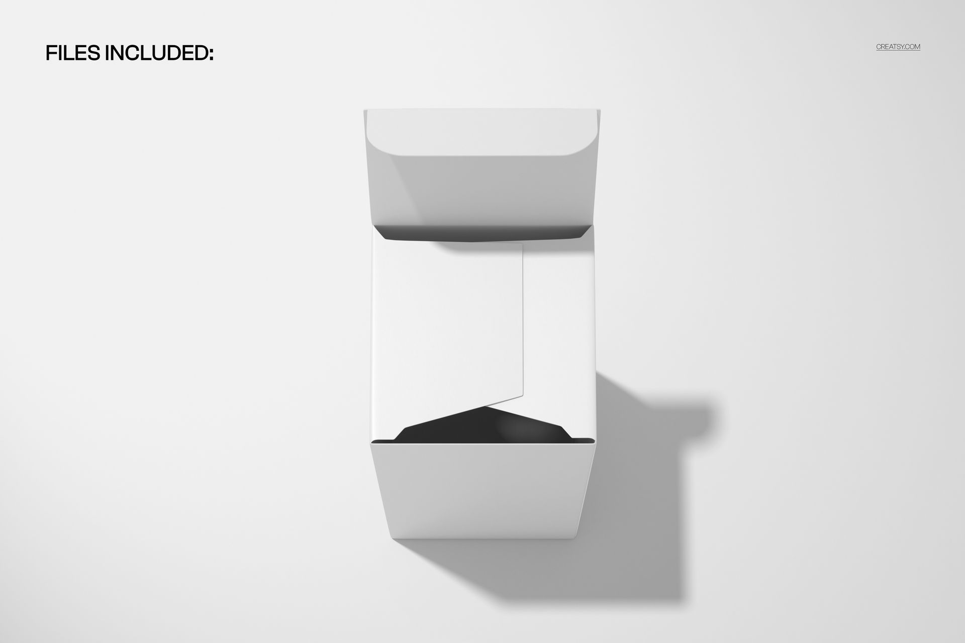 Top view of an open white carton box mockup with lid flaps spread, set against a plain light background.