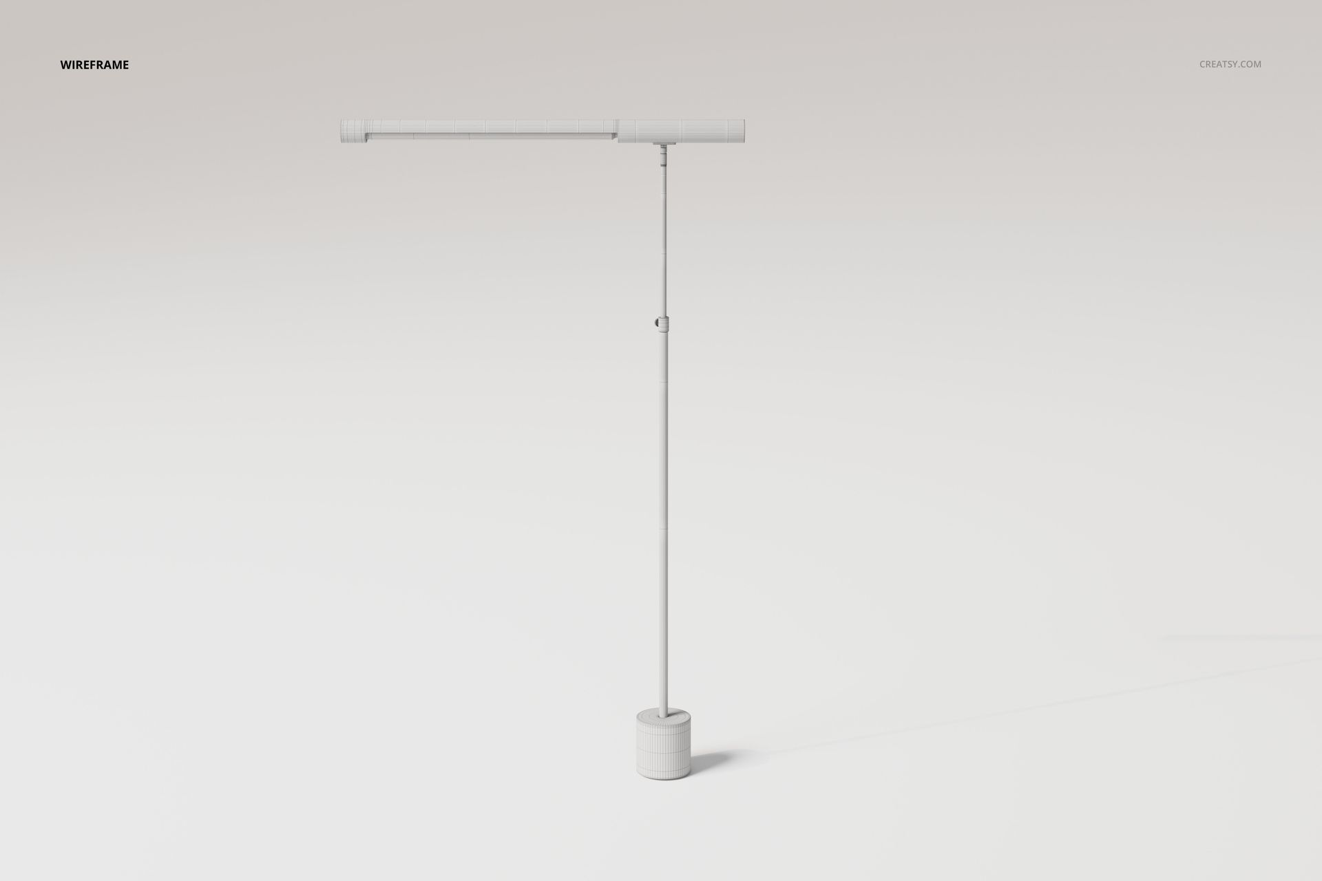 Minimalist modern task lamp in white, shown from the front on a plain light background with wireframe details.