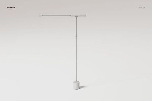 Minimalist modern task lamp in white, shown from the front on a plain light background with wireframe details.