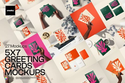 Collage of 5x7 greeting card mockups in various colors and designs, shown with envelopes and decorative props.