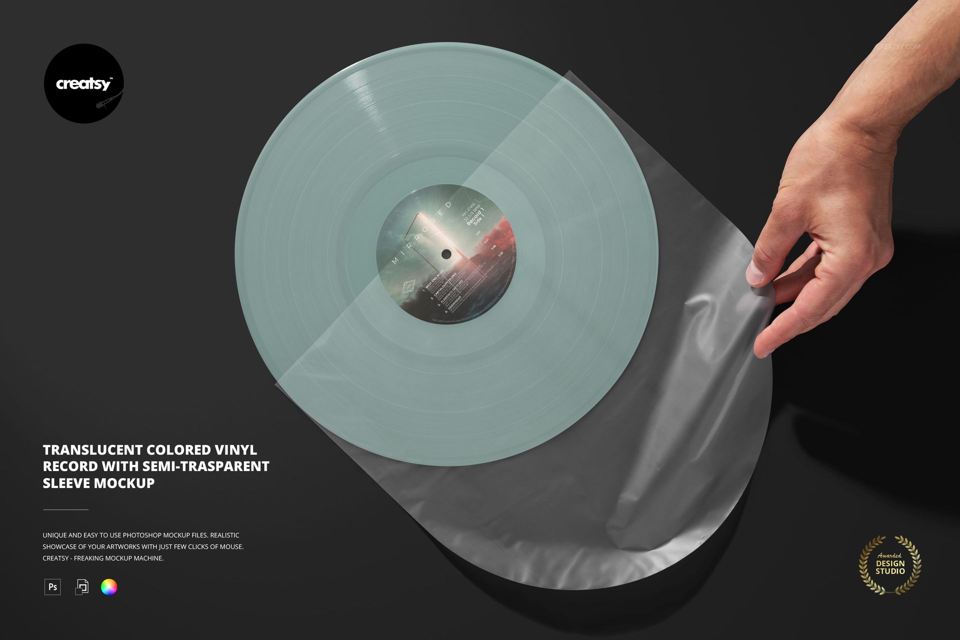 PSD mockup featuring a colored vinyl record and semi-transparent sleeve, displayed from above with a hand holding the sleeve.
