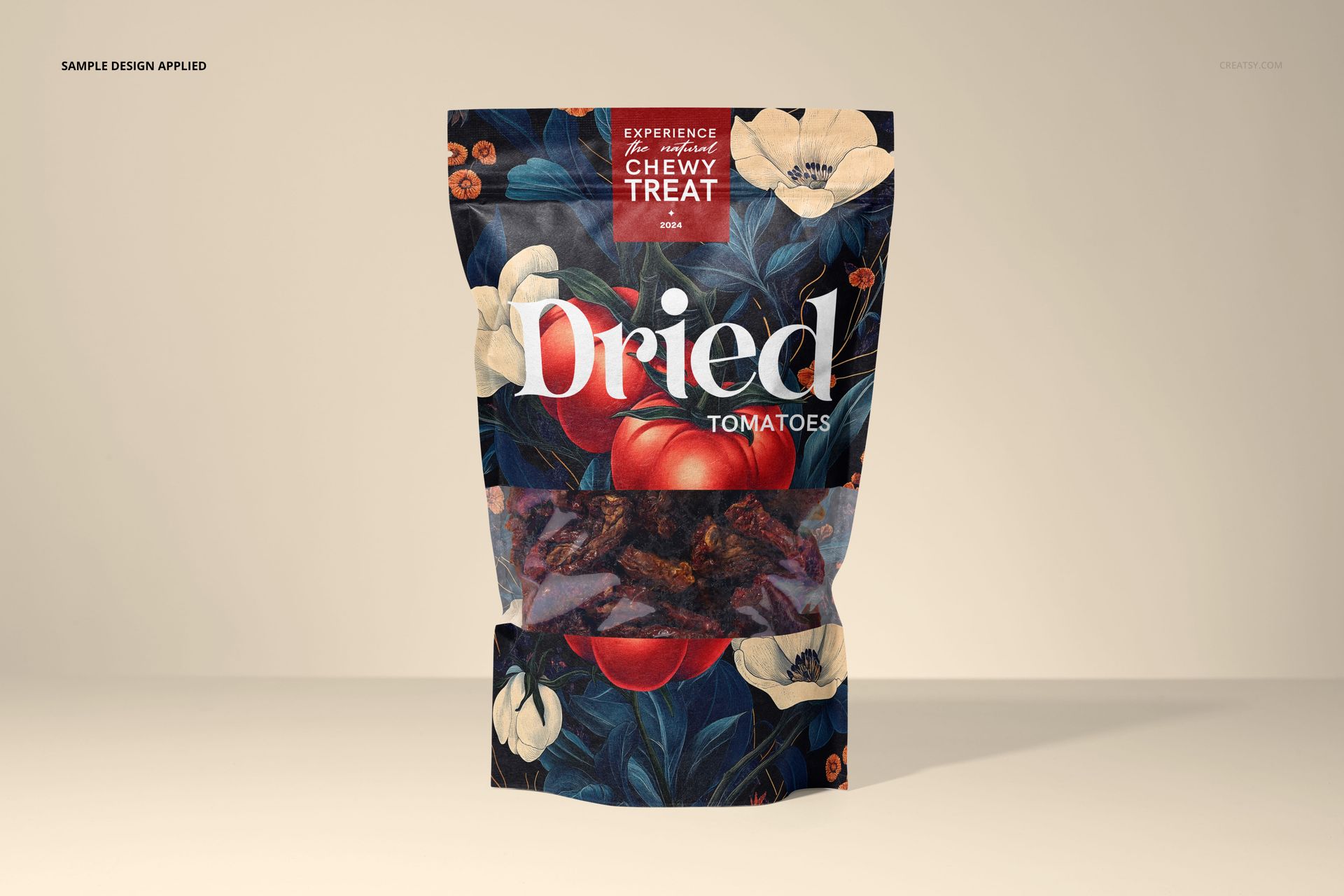 Front view of a paper pouch packaging mockup featuring a floral and tomato design with a transparent window.