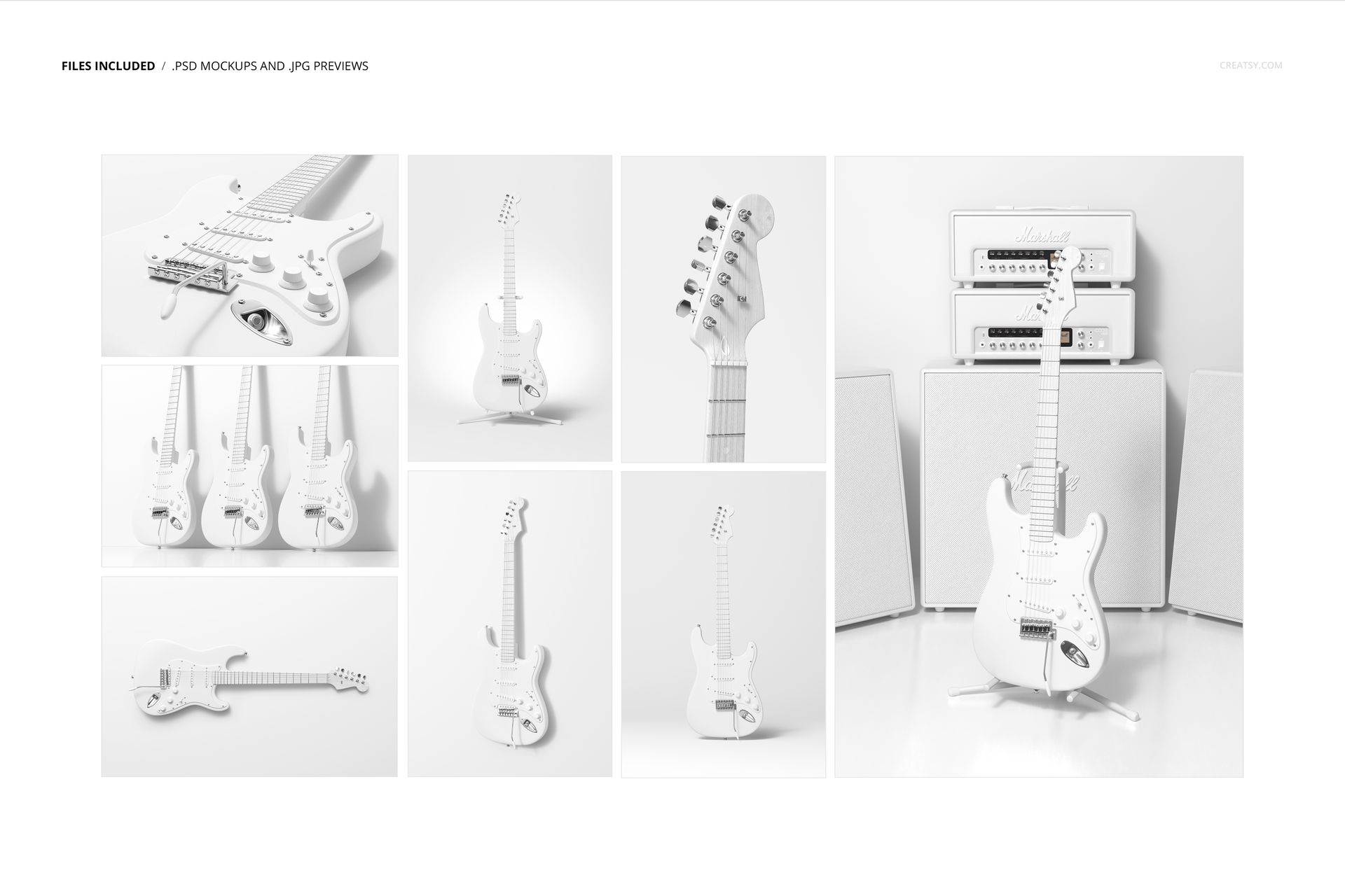 Electric guitar mockup set featuring multiple white guitars in various angles, including front and close-up views.