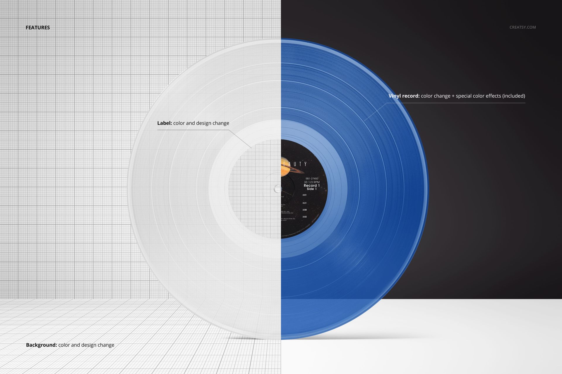 Standing translucent vinyl record mockup with half clear and half blue color, shown from a front view on split white and black backgrounds.