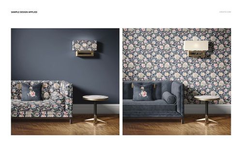 Front view of a velvet sofa and round coffee table mockup, featuring floral patterns and a modern wall lamp.