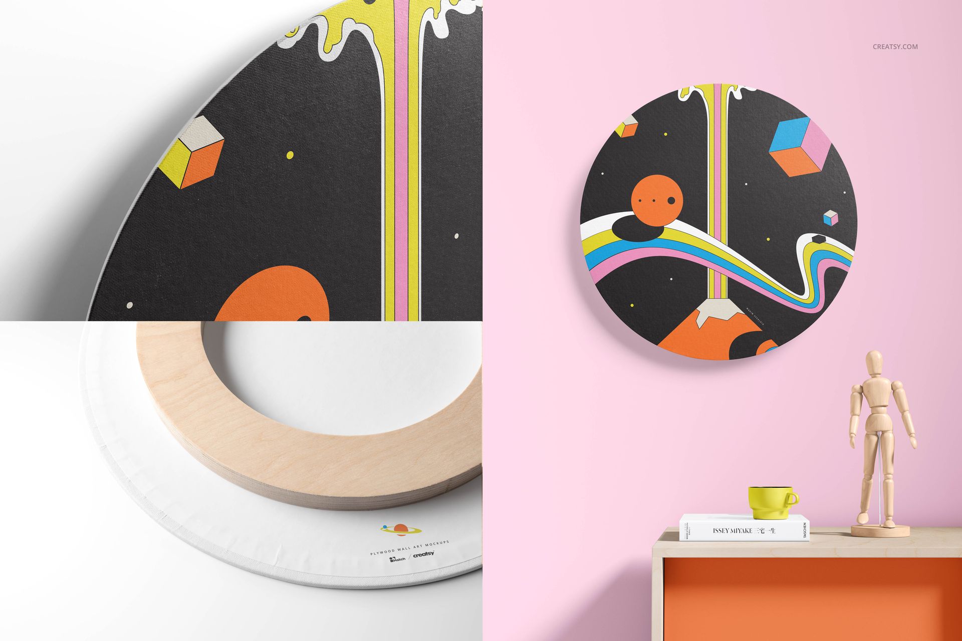 Circular canvas wall art mockup displaying bold geometric patterns in orange, yellow, and black, with a modern interior scene.